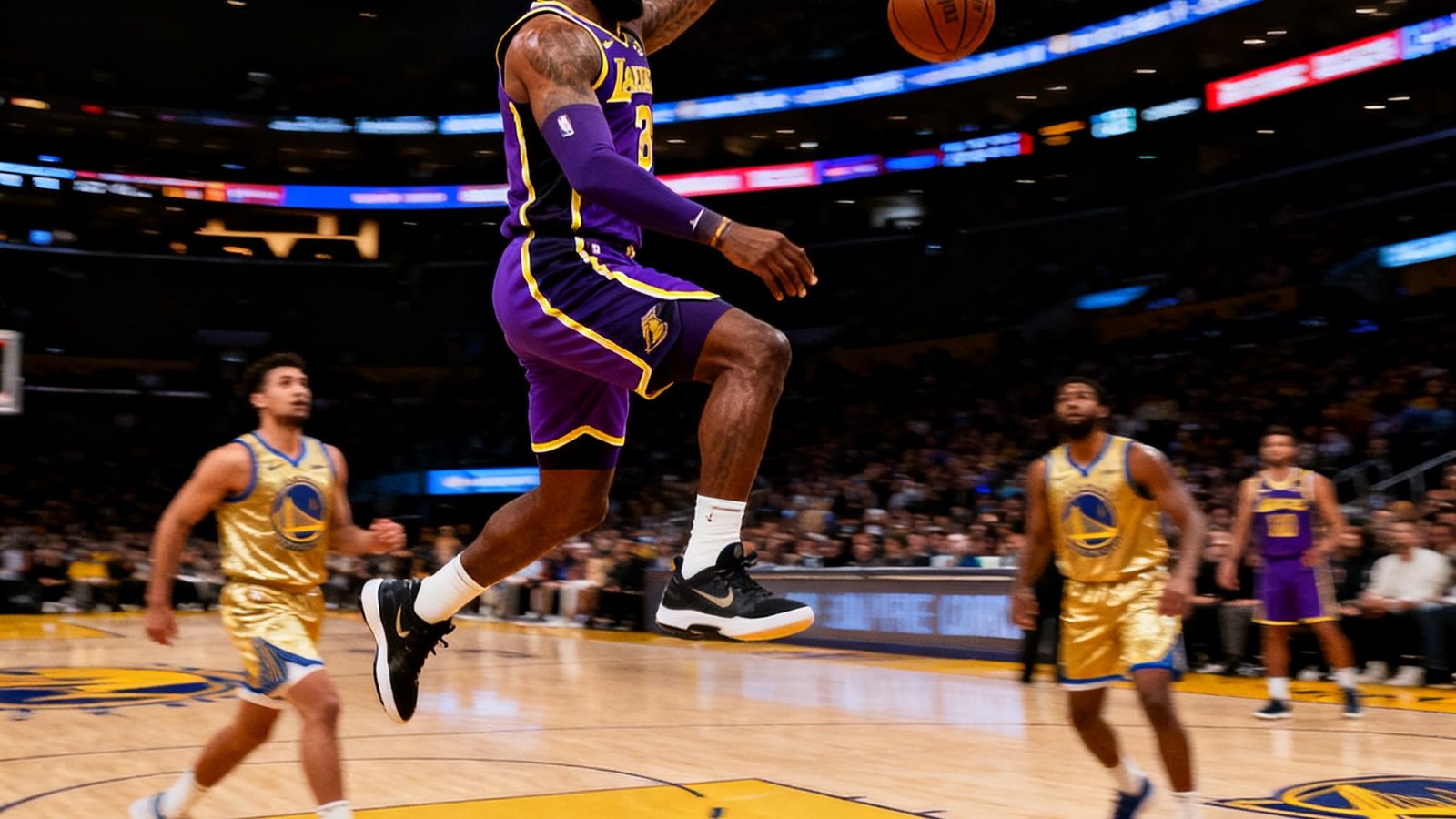 NBA圣诞大战湖人队对阵勇士队,詹姆斯快攻单手劈扣