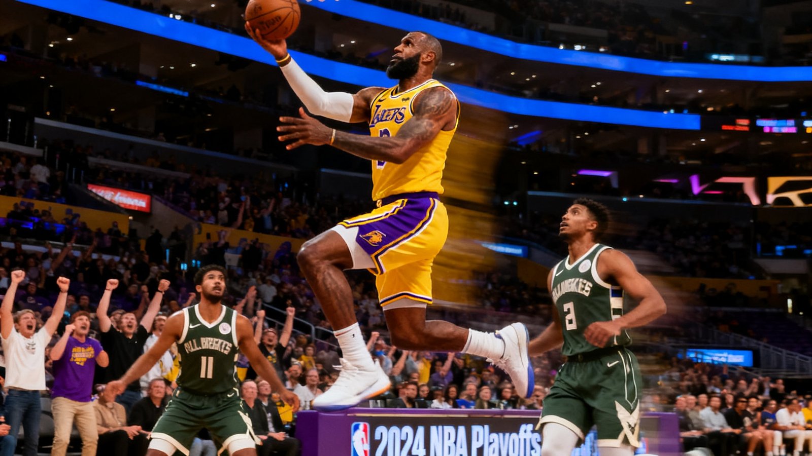 NBA湖人队与雄鹿队加时赛高光时刻,詹姆斯上篮