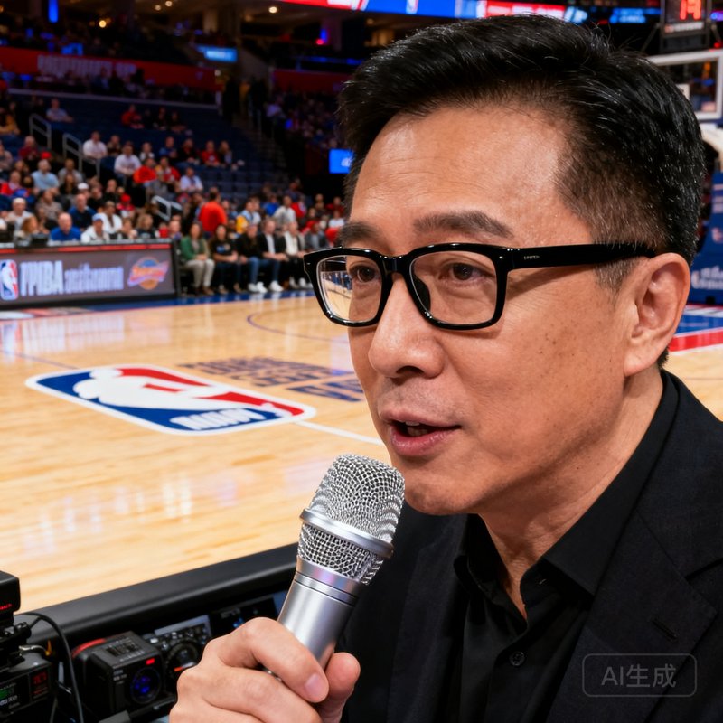 篮球评论员苏群佩戴眼镜,手拿话筒,背景是NBA赛场
